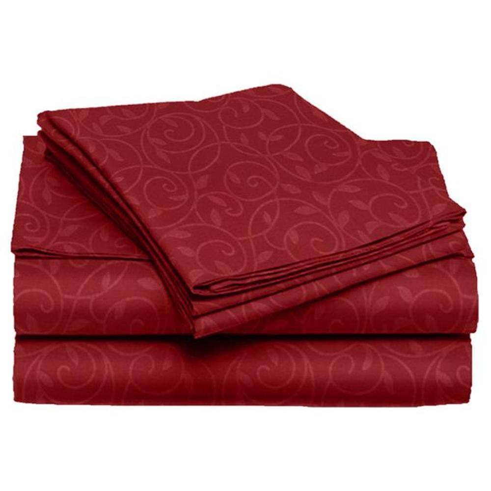 Front. Plazatex - Plazatex Vine Print 90GSM Brushed Microfiber Soft Wrinkle Free Sheet Set - Full 54x75", Burgundy - Burgundy.