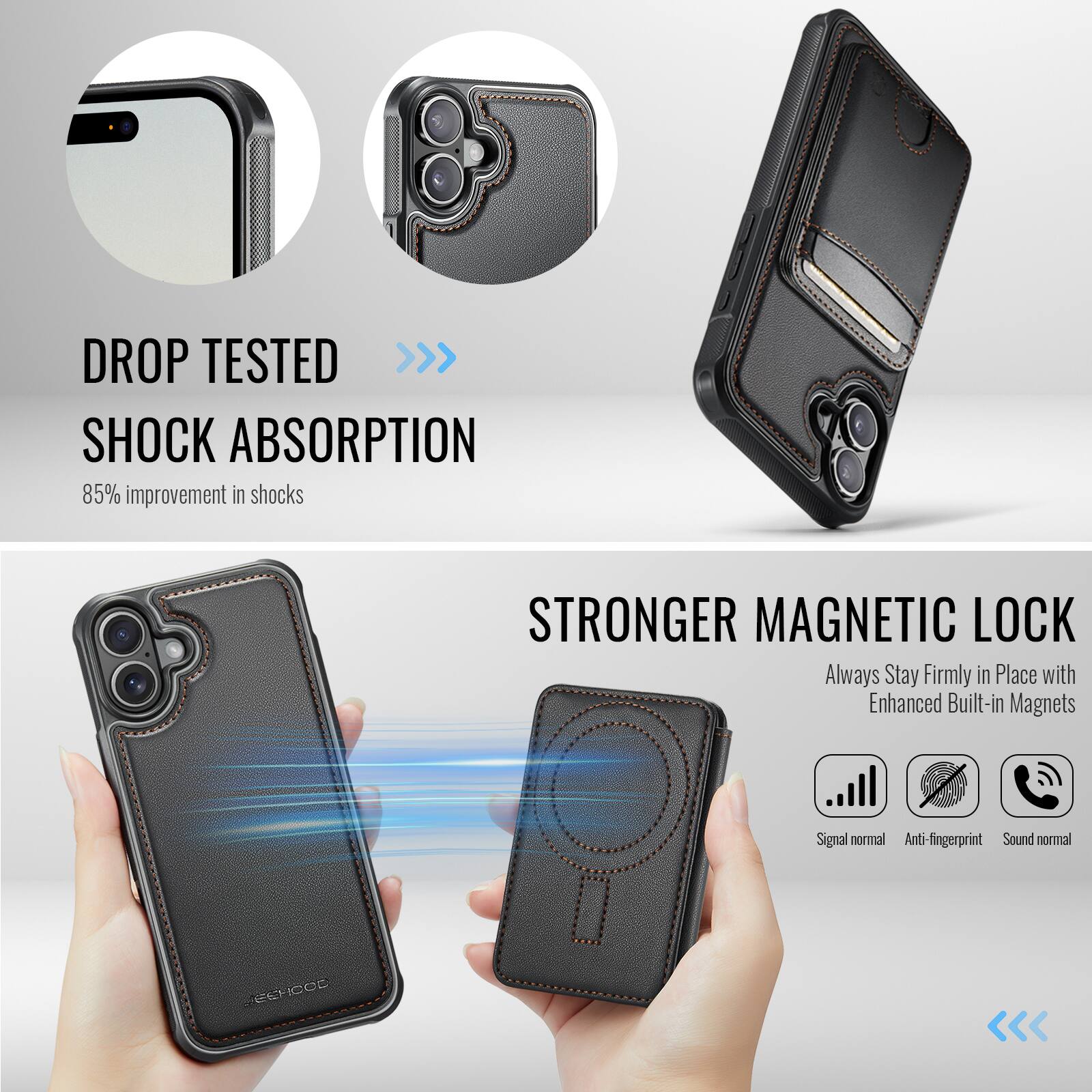 DROP TESTED  
SHOCK ABSORPTION  
85% improvement in shocks  

STRONGER MAGNETIC LOCK  
Always Stay Firmly in Place with Enhanced Built-in Magnets  

Signal normal  
Anti-fingerprint  
Sound normal  

ECCHICOE  
IC0C