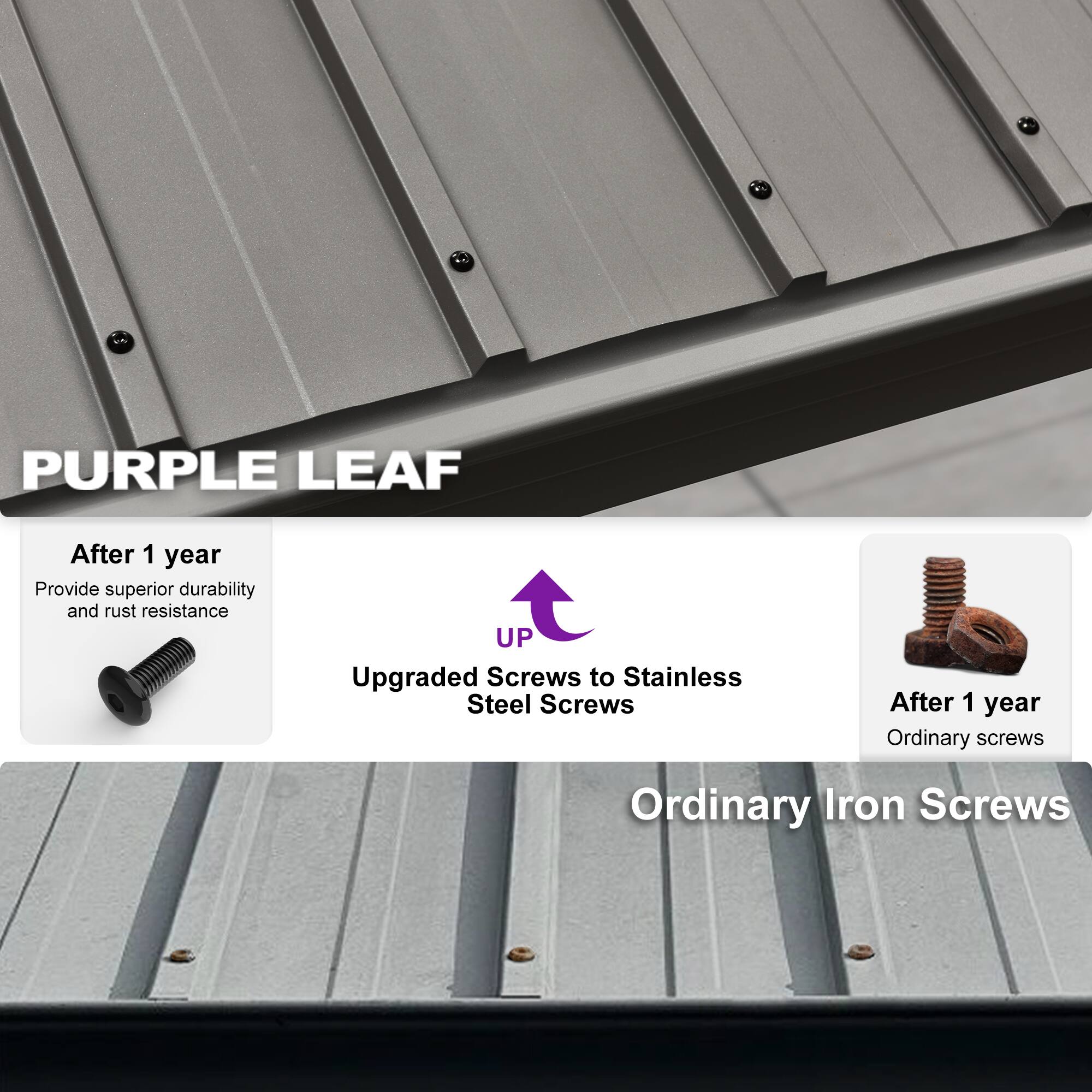 PURPLE LEAF

After 1 year  
Provide superior durability and rust resistance

Upgraded Screws to Stainless Steel Screws

After 1 year  
Ordinary screws

Ordinary Iron Screws