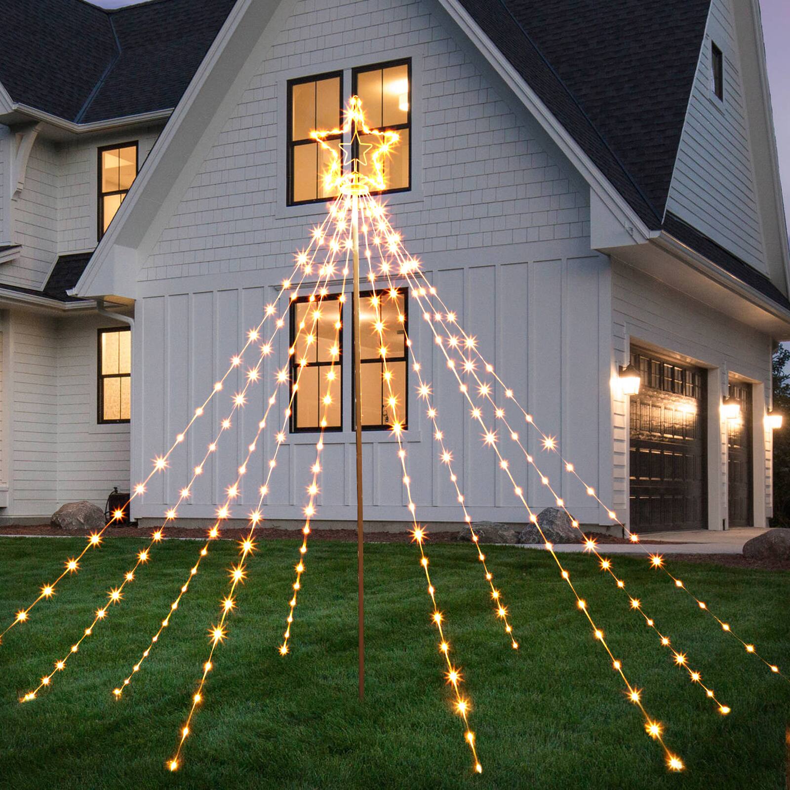 Alt View 2. Oumilen - 6FT Warm White LED Christmas Tree – Star‑Topped Cone Waterfall Light with Remote & Timer, Ground‑Stake for Yard.