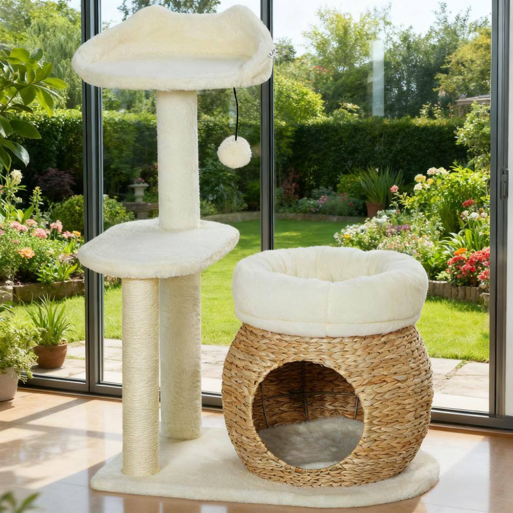 Alt View 4. Siljoy - 31" Cat Tree Tower with Natural Cat Tail Reed Condo, Bunny Velvet Beds & Scratching Posts for 1-2 Cats.