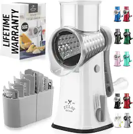 Zulay Kitchen - Rotary Cheese Grater 5 Blade Cheese Shredder with Reinforced Suction & 5 Interchangeable Drums - Gray and White