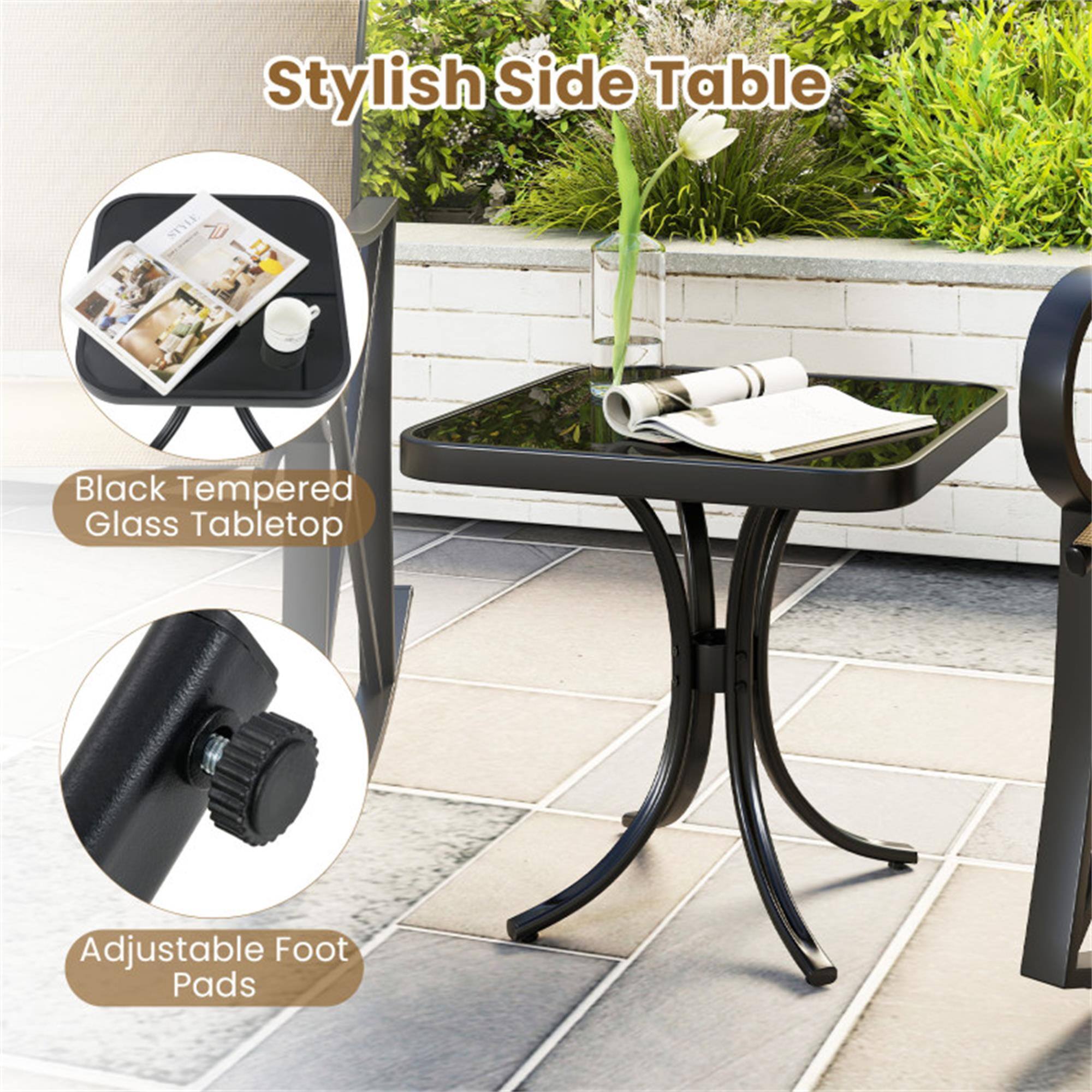 Stylish Side Table

- Black Tempered Glass Tabletop
- Adjustable Foot Pads