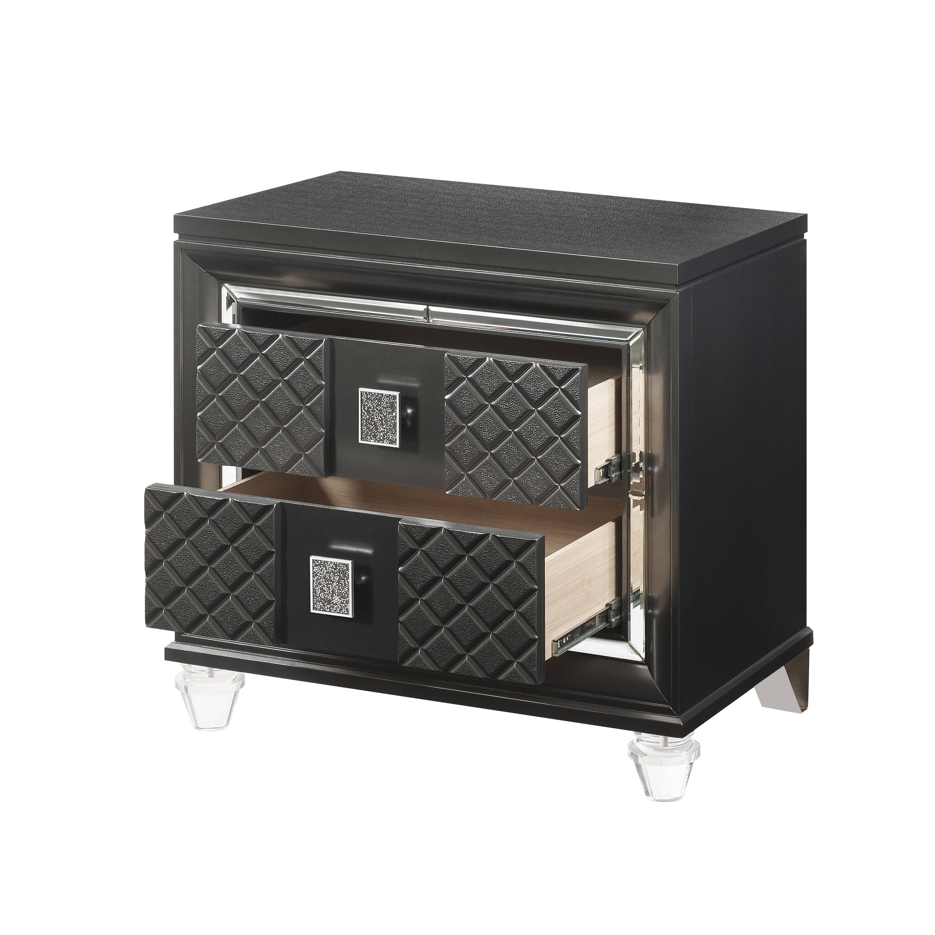 Alt View 2. Manhattan Lane - 2 Drawer Wooden Nightstand with Mirror Accents and Diamond Pattern - Black.