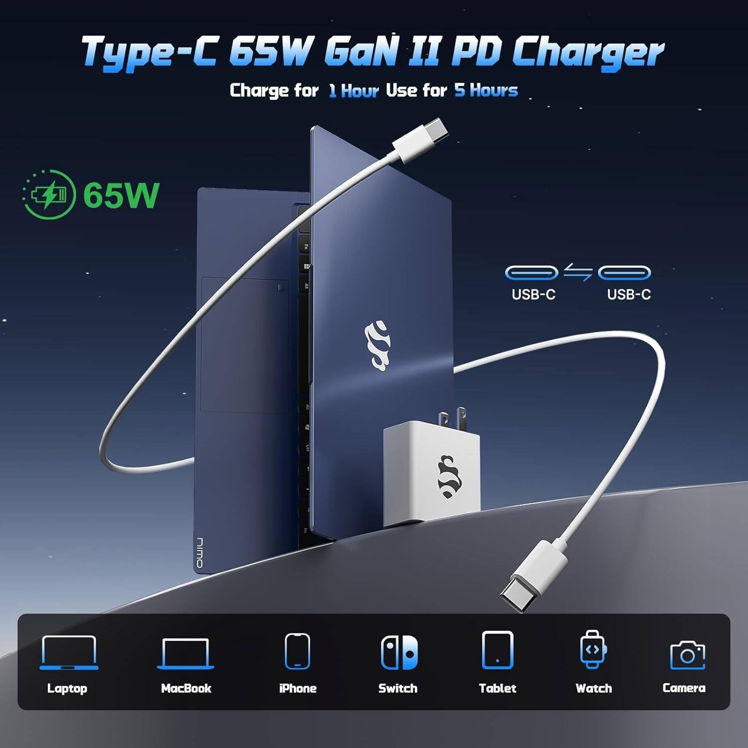Type-C 65W GaN II PD Charger  
Charge for 1 Hour Use for 5 Hours  

65W  

USB-C USB-C  

Laptop  
MacBook  
iPhone  
Switch  
Tablet  
Watch  
Camera