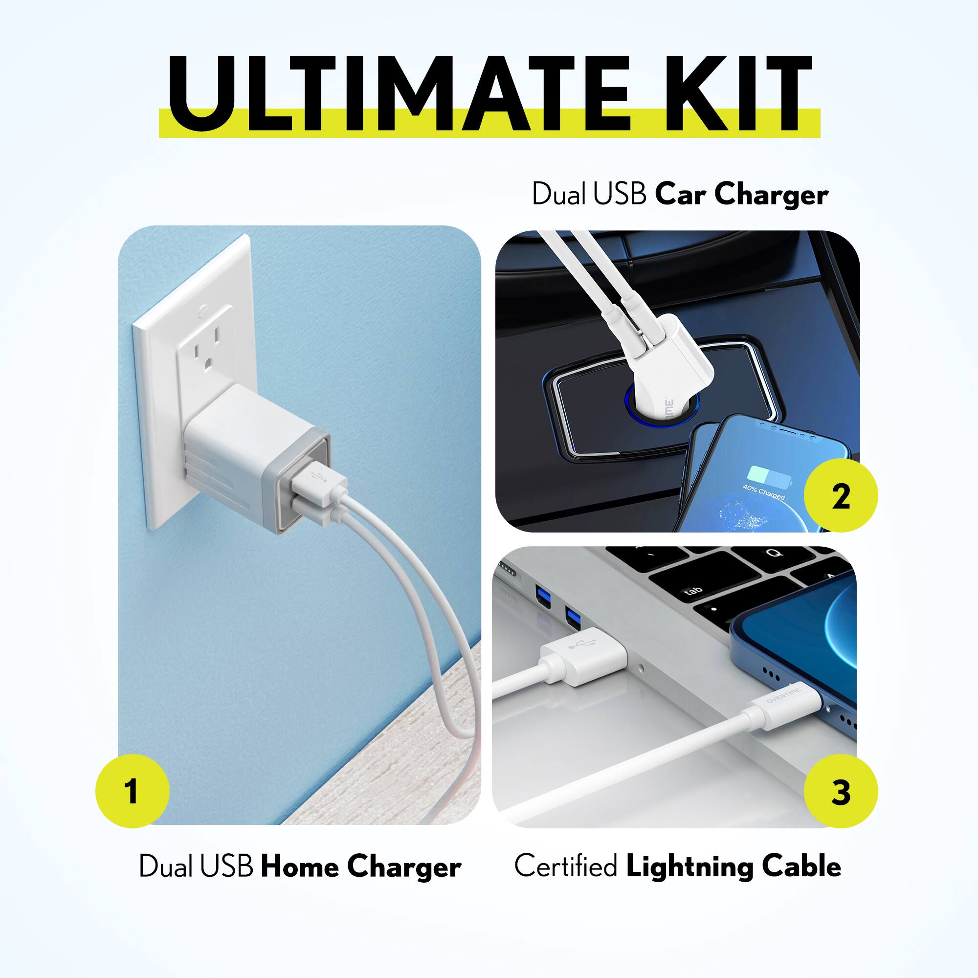 ULTIMATE KIT

1. Dual USB Home Charger
2. Dual USB Car Charger
3. Certified Lightning Cable