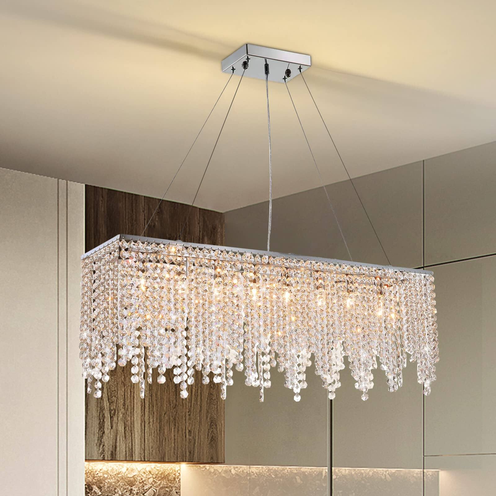 Alt View 4. Siljoy - 10 Light Rectangle Crystal Chandelier Ideal for Dining Room & Kitchen Island Pendant Lighting - Silver.