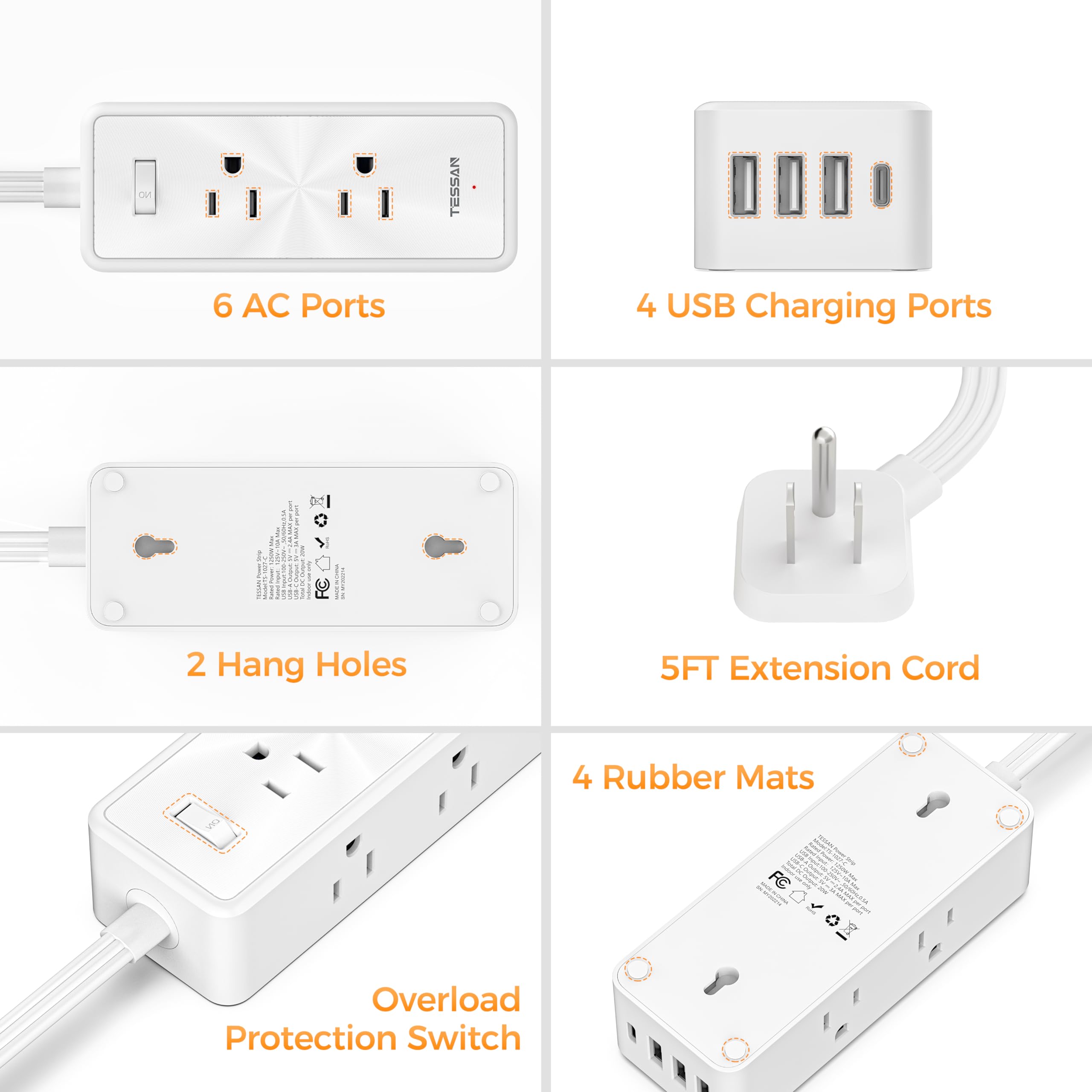 6 AC Ports  
4 USB Charging Ports  
2 Hang Holes  
5FT Extension Cord  
4 Rubber Mats  
Overload Protection Switch
