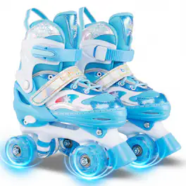 Gymax - Kids Roller Skates 4 Sizes Adjustable Quad Skates w/Light-up Wheels for Ages 3-9 Navy - Blue