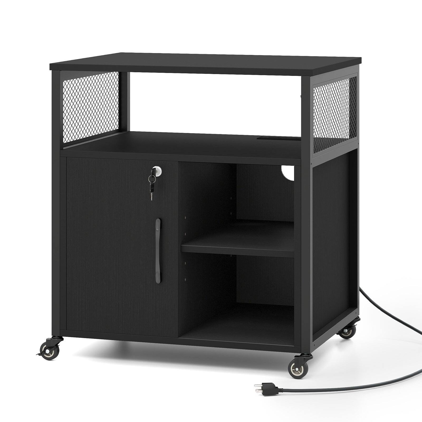 Alt View 9. Costway - Costway File Cabinet on Wheels with Charging Station & Cable Management Hole Shelves - Black.