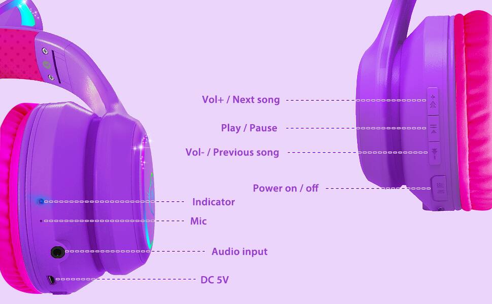 Vol+ / Next song  
Play / Pause  
Vol- / Previous song  
Power on / off  
Indicator  
Mic  
Audio input  
DC 5V