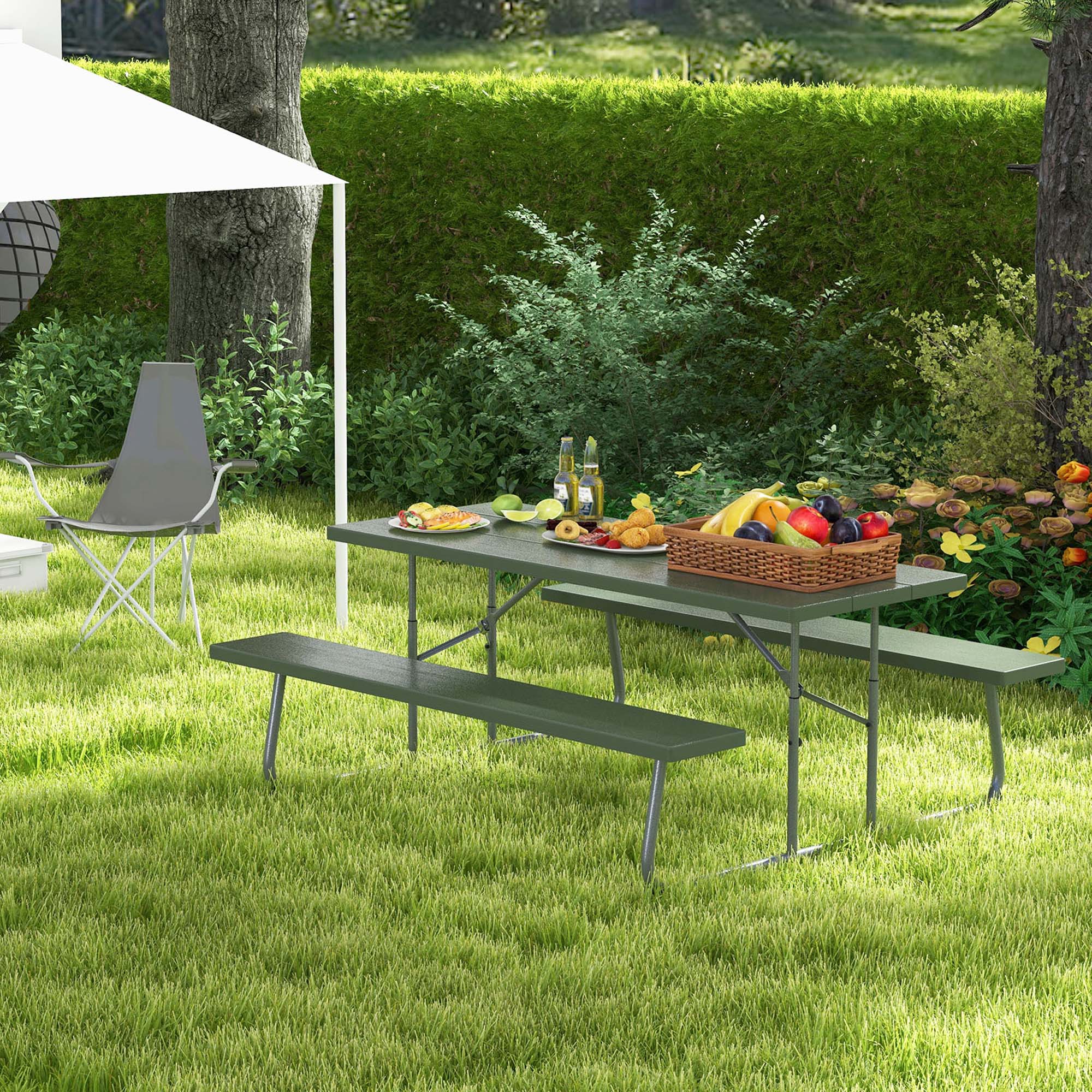Alt View 3. Costway - Costway Folding Picnic Table with 2 Benches All Weather Wood-like Tabletop Umbrella Hole - Green.
