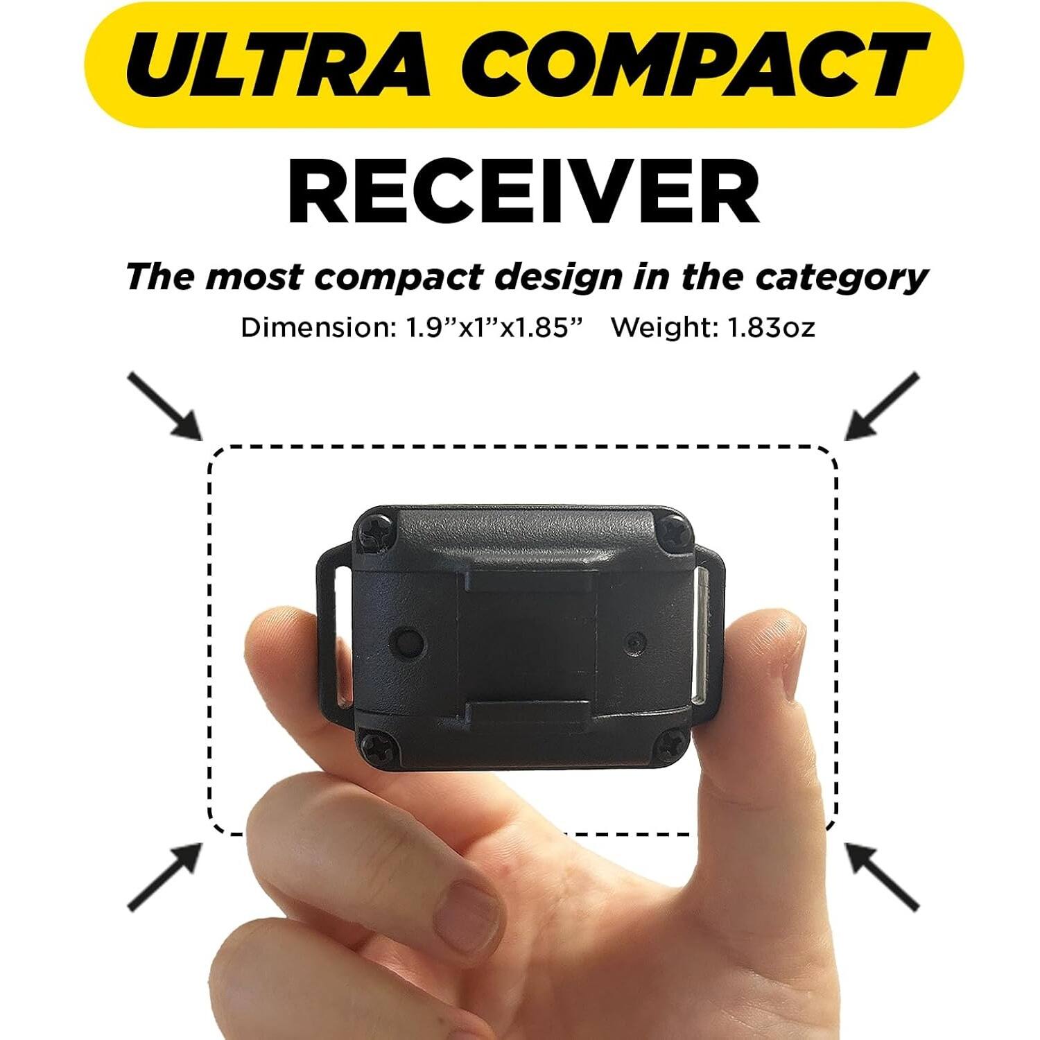 ULTRA COMPACT RECEIVER  
The most compact design in the category  
Dimension: 1.9"x1"x1.85"  
Weight: 1.83oz