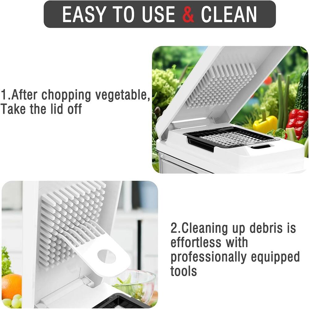 EASY TO USE & CLEAN

1. After chopping vegetable, take the lid off

2. Cleaning up debris is effortless with professionally equipped tools