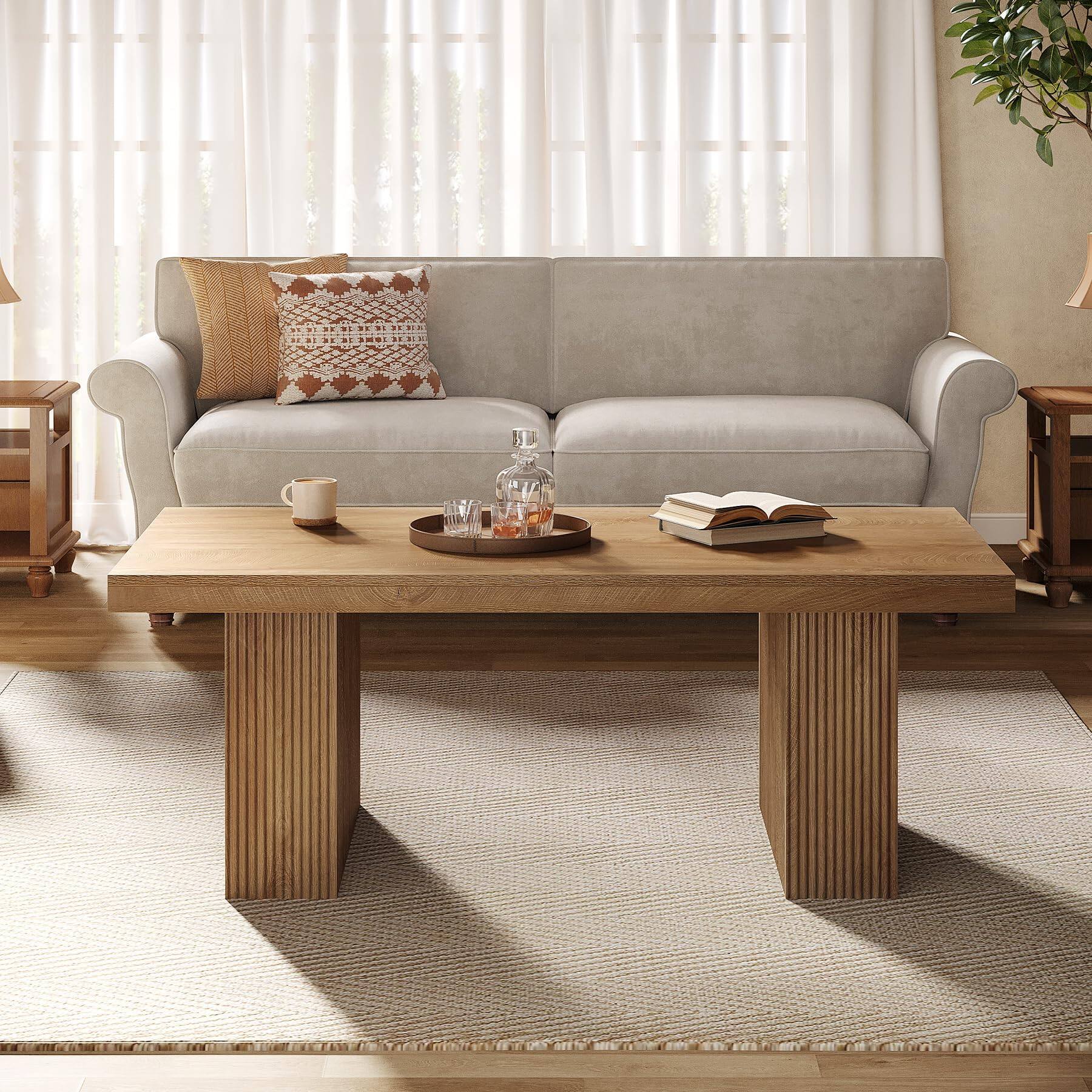 Left. Tribesigns - Farmhouse Coffee Table, 47.24 Inch Rectangle Center Table with Large Tabletop & Thick Base, Rustic Wooden Furniture for - Brown.