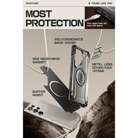 SUPCASE  
# TOUGH LIKE YOU  

MOST PROTECTION  

Port dust plugs keep out dust and debris  

POLYCARBONATE BACK COVER  
N52 NEODYMIUM MAGNET  
METAL LENS COVER/KICKSTAND  
BUFFER SHEET