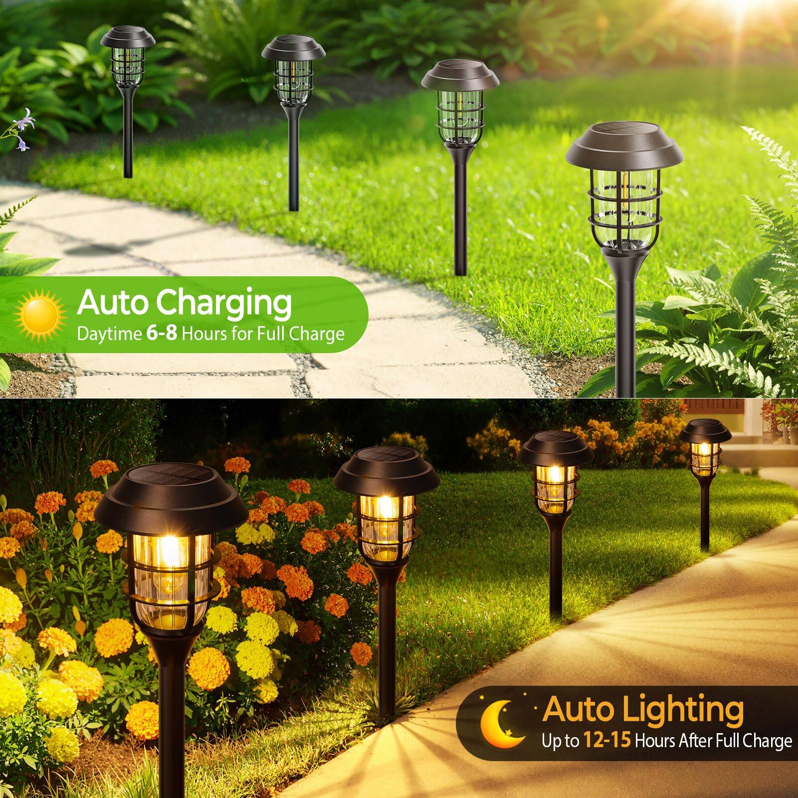 Auto Charging  
Daytime 6-8 Hours for Full Charge  

Auto Lighting  
Up to 12-15 Hours After Full Charge