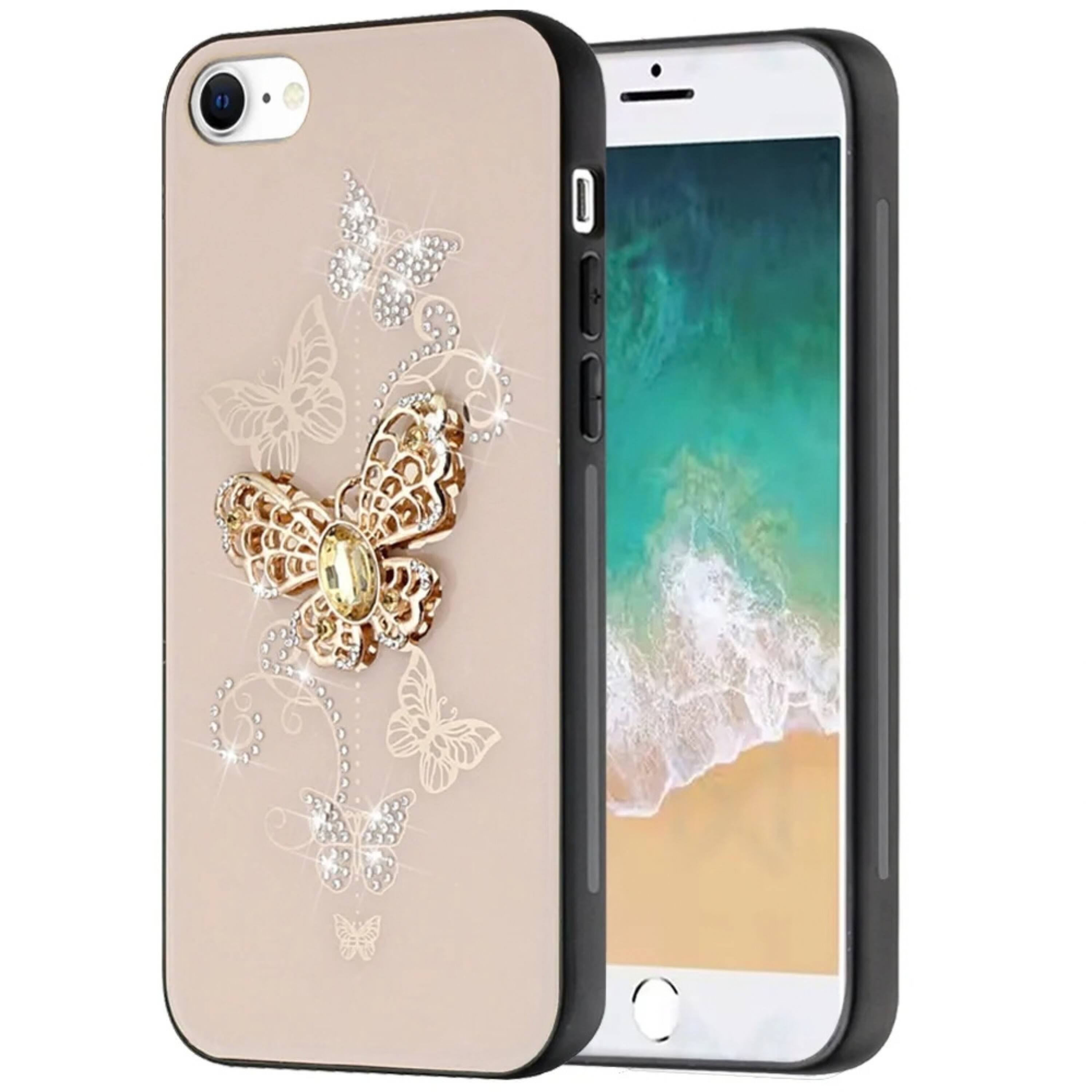 Angle. Kitcheniva - Crystal Diamond Glitter Phone Case With Tempered Glass For iPhone 16e 17e Garden Gold - Gold.