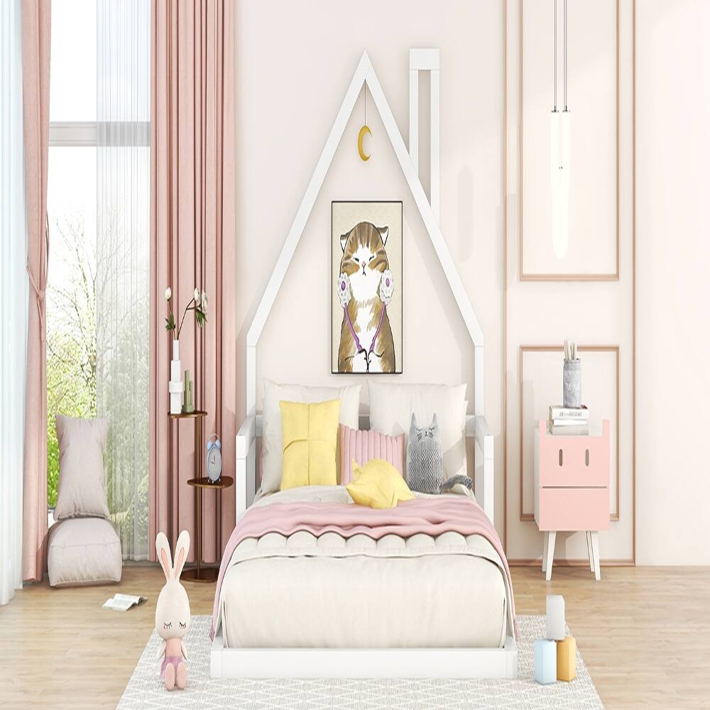 Alt View 4. Loheer - Loheer Full Size House Bed White Wood Floor Bed with House Shaped Headboard Kids House Bed Full Size - White.