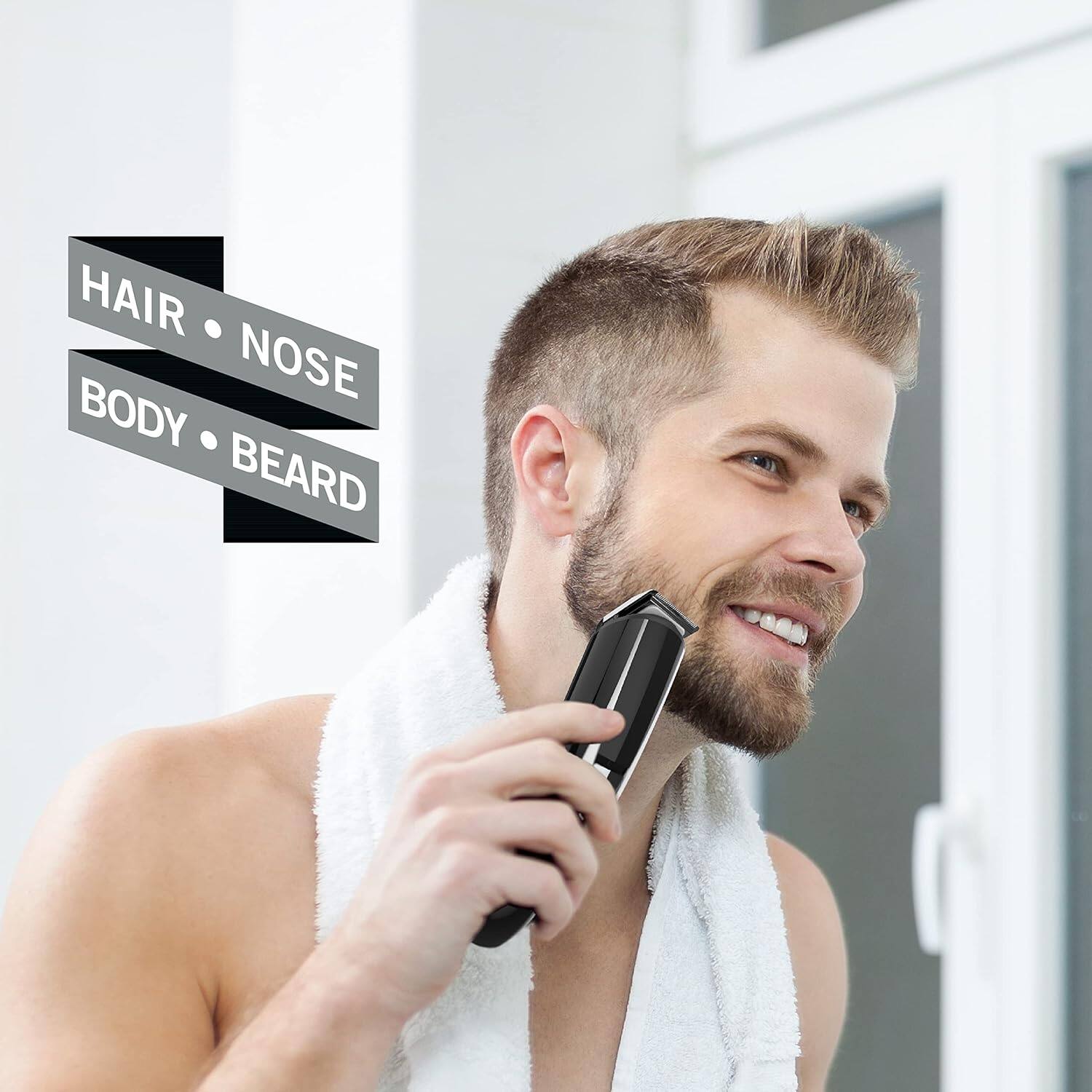 The text in the image is: "HAIR • NOSE BODY • BEARD".