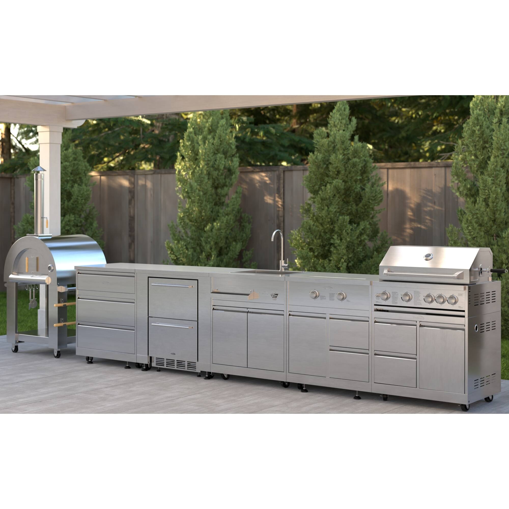 Left. Koolmore - Wood fire Pizza Oven, 3 Drawer Cabinet,  Double Refrigerator Drawers, Sink, Side Burner and a 30 in. Grill with Cabinet - Stainless Steel.