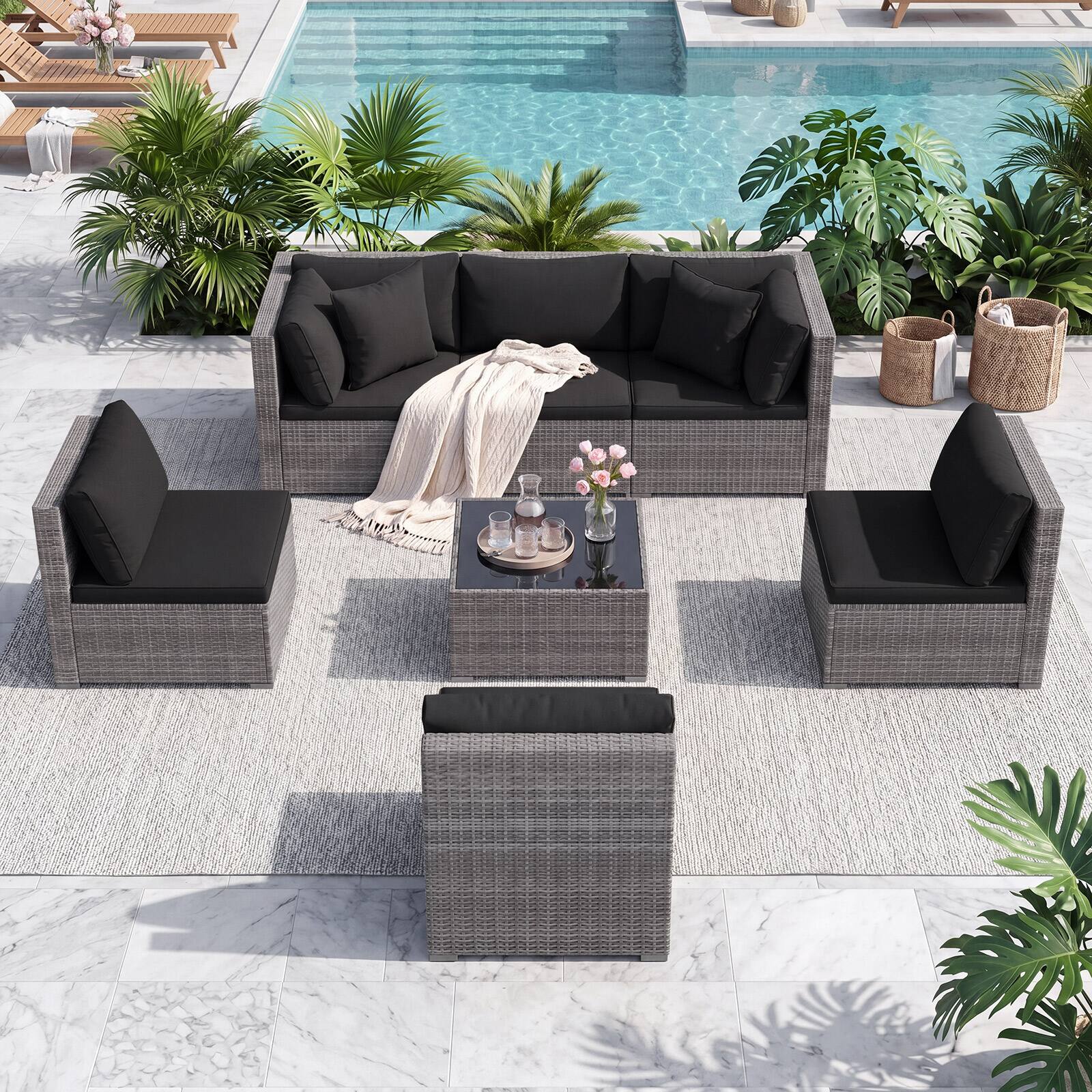 Alt View 5. Costway - 7PCS Patio Rattan Furniture Set Sectional Sofa Cushioned Garden - Black.