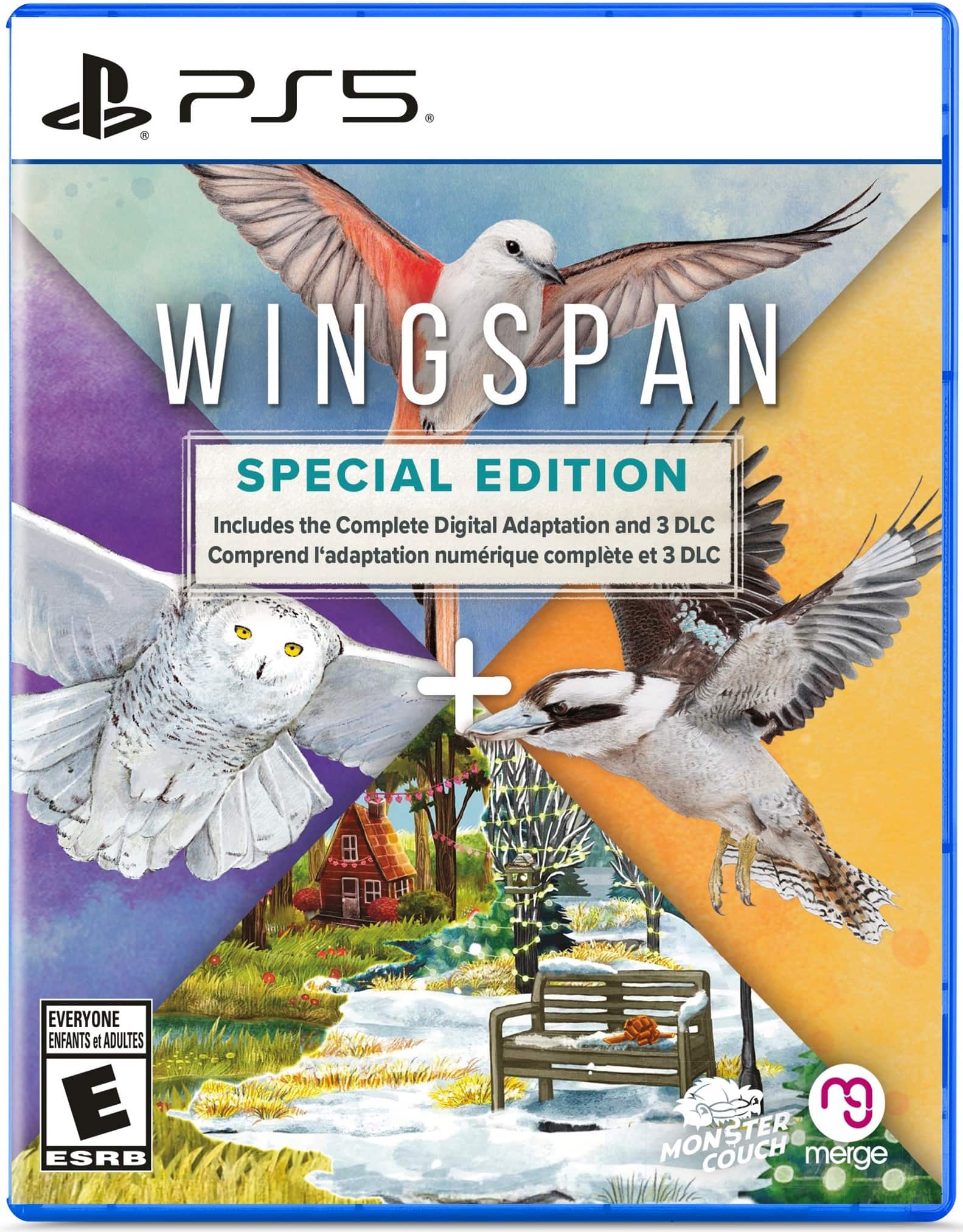 The image features a video game called "Wingspan Special Edition" for the PlayStation 5. The game includes the complete digital adaptation and three DLCs, making it an exciting and engaging experience for players of all ages. The game is rated E for Everyone, making it suitable for both children and adults. The cover of the game features a bird, which adds to the overall theme and appeal of the game.