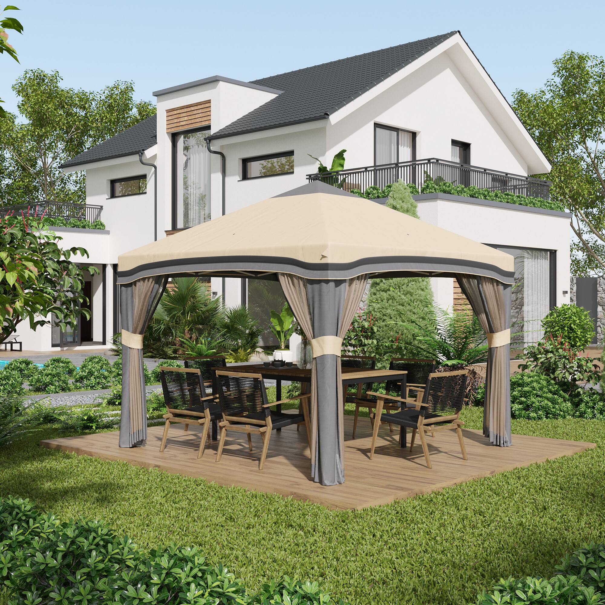 Alt View 1. Outsunny - 10' x 10' Pop Up Canopy Tent with Netting, Instant Tents for Parties, Height Adjustable, with Wheeled Carry Bag - Beige.
