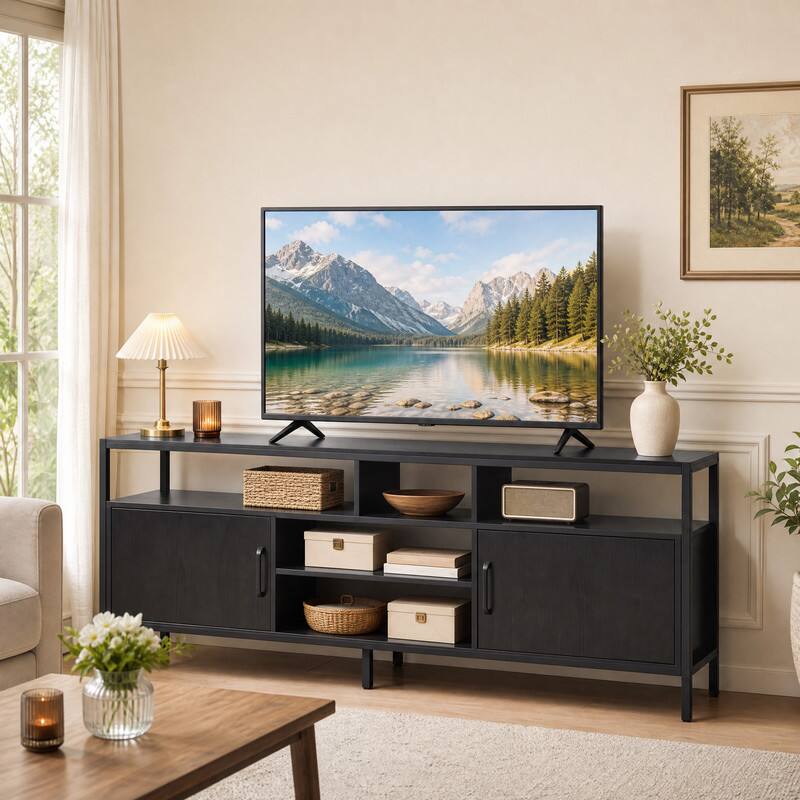 Angle. WELLFOR - Industrial TV Stand for 55"/60"/65" Inch TVs with Adjustable Shelf, Entertainment Centre with 2 Door & Open Shelf - Black.