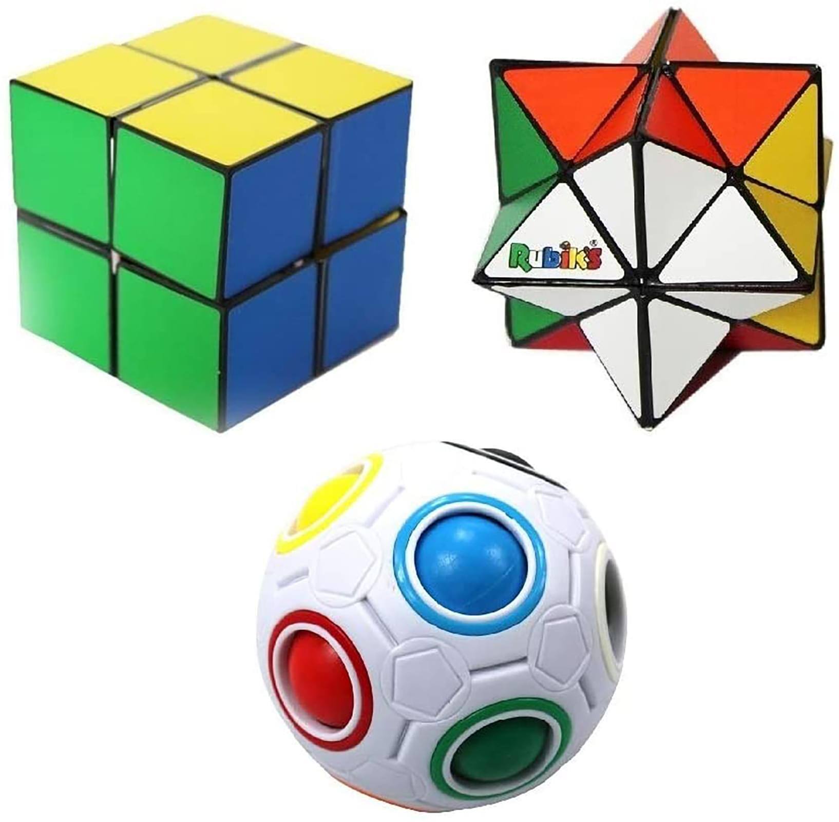 Front. Rubik's Cube - Rubiks 3 Piece Gift Set | Rainbow Ball | 2x Magic Stars - Red.