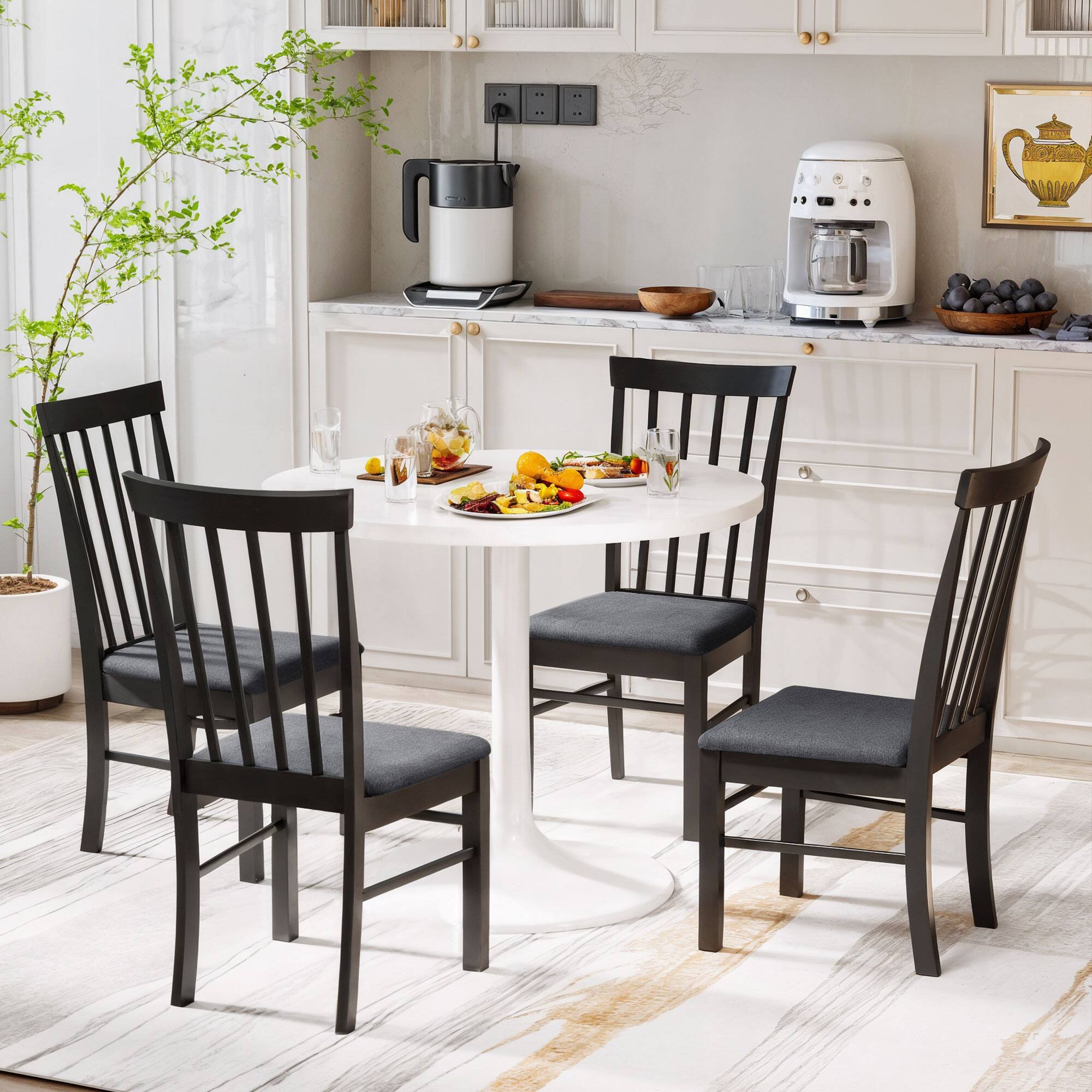 Alt View 1. Homcom - Wooden Dining Chairs Set of 4, Farmhouse Upholstered, Rubber Wood Frame - Black.