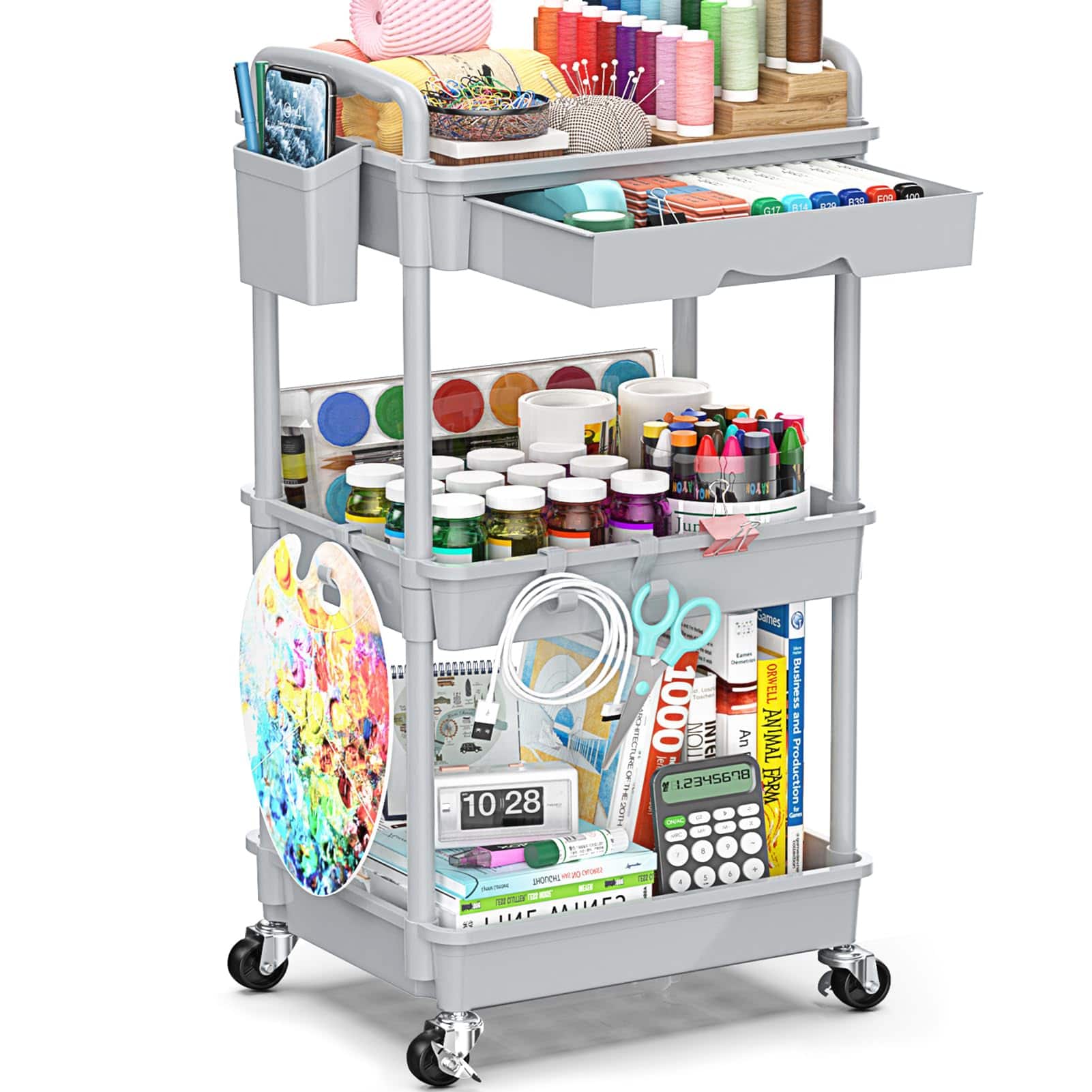 Dazzling Pops - 3 Tier Rolling Cart with Drawer, Bathroom Storage Organizer with 2 Lockable Wheels, Multifunctional Rolling - Gray 3 Tier
