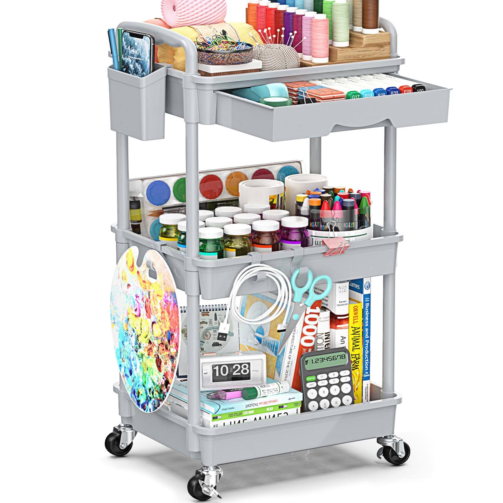 Dazzling Pops - 3 Tier Rolling Cart with Drawer, Bathroom Storage Organizer with 2 Lockable Wheels, Multifunctional Rolling - Gray 3 Tier