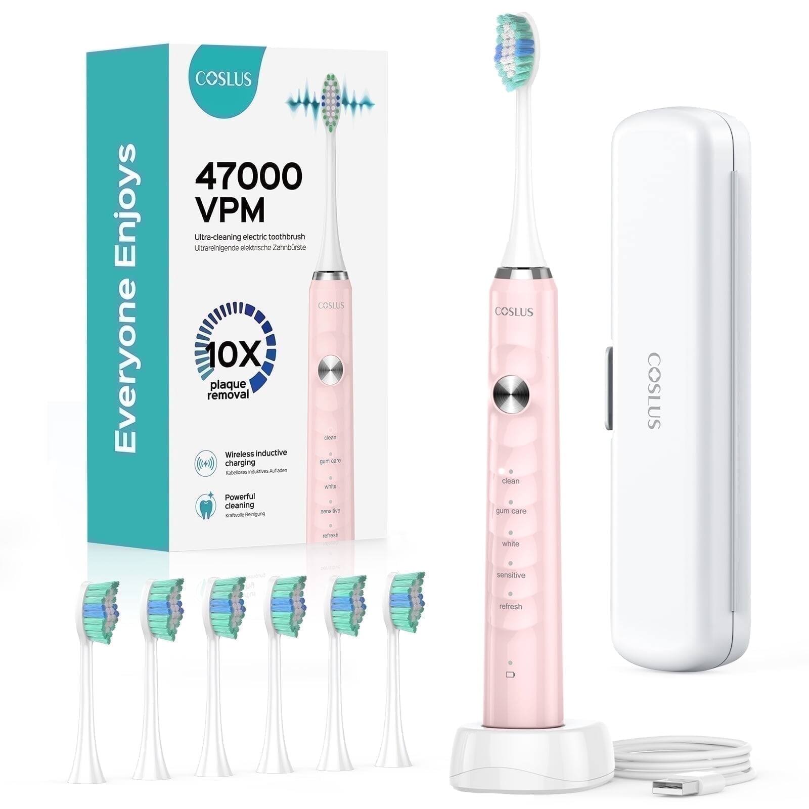 Enjoys Everyone COSLUS 47000 VPM Ultra-cleaning electric toothbrush  
Utareinigende elektrische Zahnbrste LOSLUS 0X plaque removal  
Wireless Inductive w charging  
Satoim -mtu unite Powerful cleaning senstve grgnataloces  
COSLUS clean gum Care white COSLUS sensitive refresh