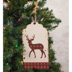 Angle. BreeBe - *Distressed Metal Buffalo Check Deer Hanging Tag - Red, Black.