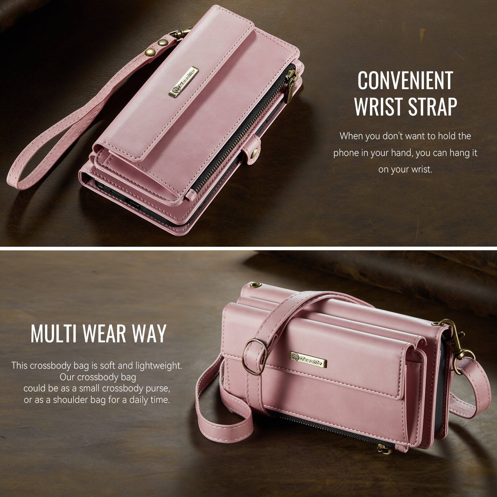 CONVENIENT WRIST STRAP  
When you don't want to hold the phone in your hand, you can hang it on your wrist.  

MULTI WEAR WAY  
This crossbody bag is soft and lightweight. Our crossbody bag could be as a small crossbody purse, or as a shoulder bag for a daily time.
