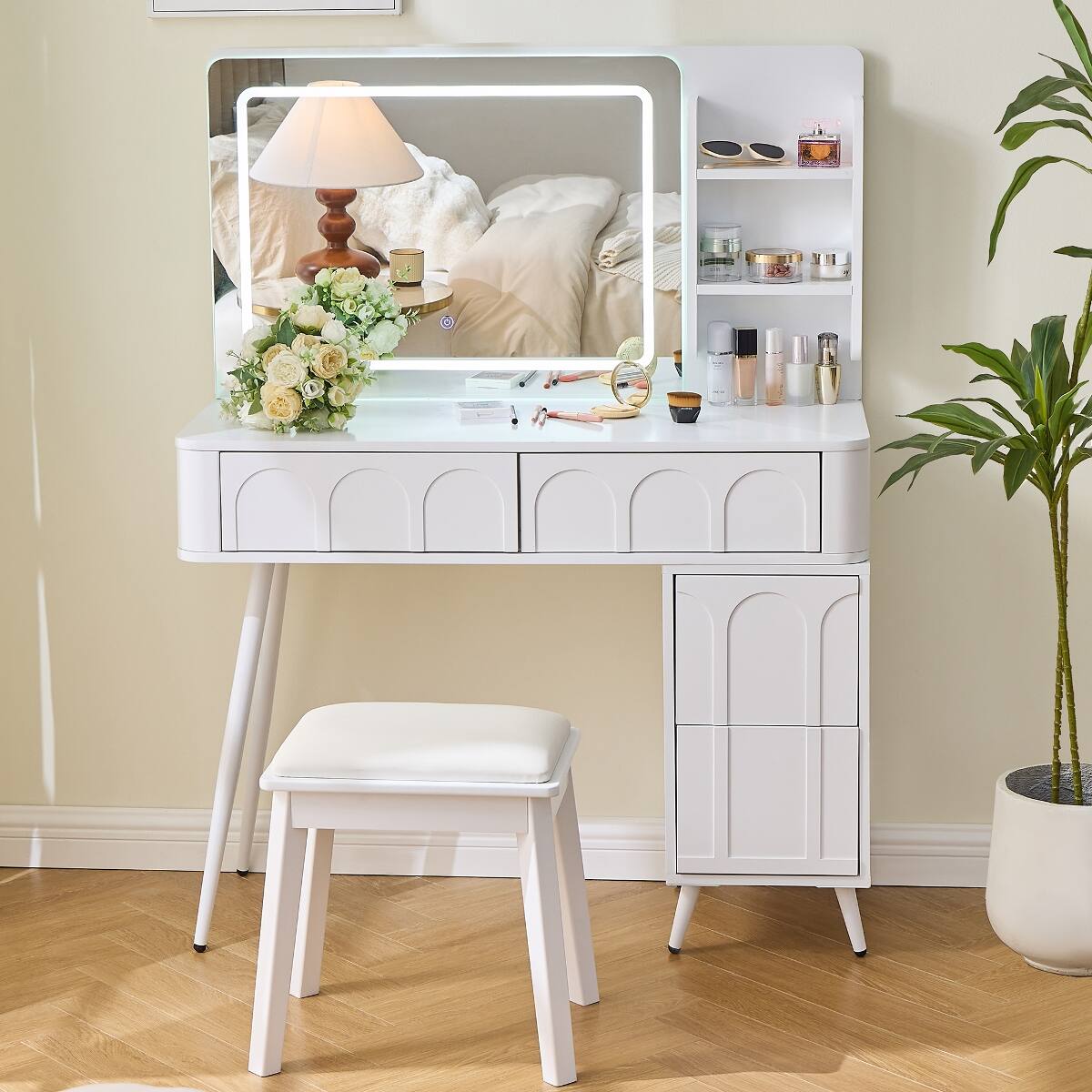 Alt View 2. Loheer - Loheer Makeup Vanity Desk with LED Mirror, White Vanity Table with Stool, Adjustable Length Design - White.