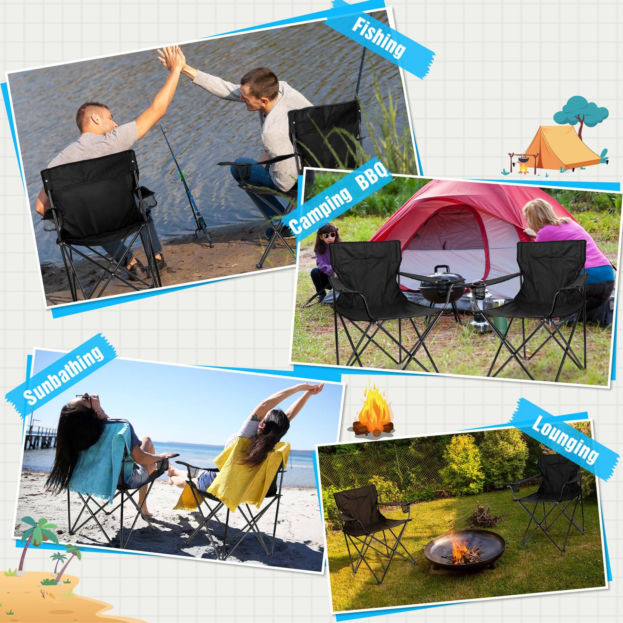 - Fishing
- Camping BBQ
- Sunbathing
- Lounging