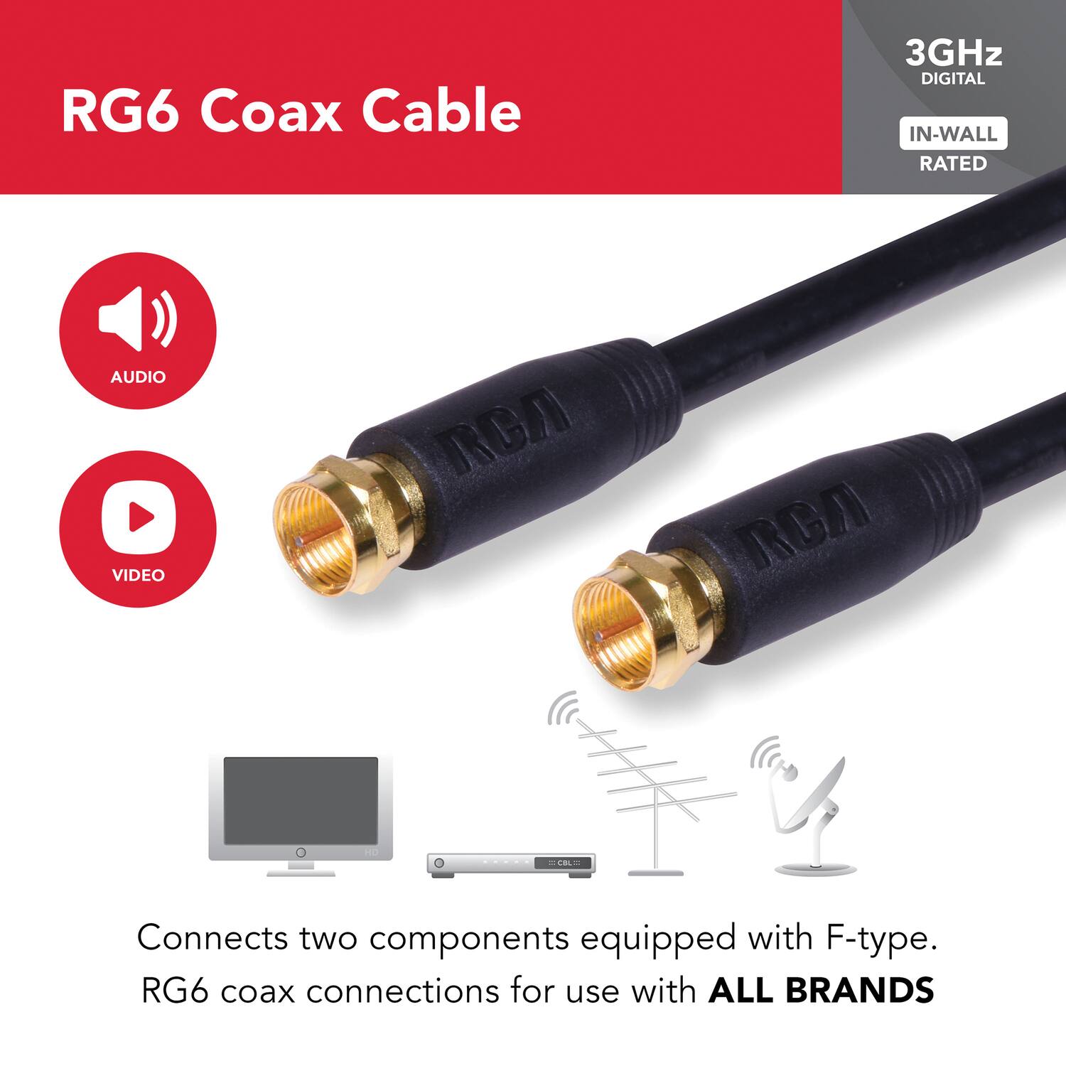 RG6 Coax Cable

3GHz DIGITAL  
IN-WALL RATED

Connects two components equipped with F-type RG6 coax connections for use with ALL BRANDS

AUDIO  
VIDEO