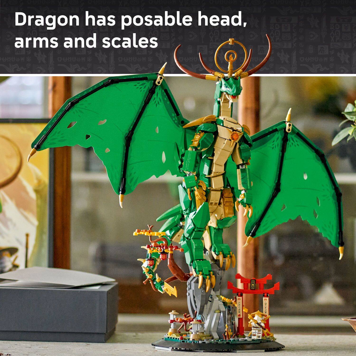 Dragon has a posable head, arms, and scales.