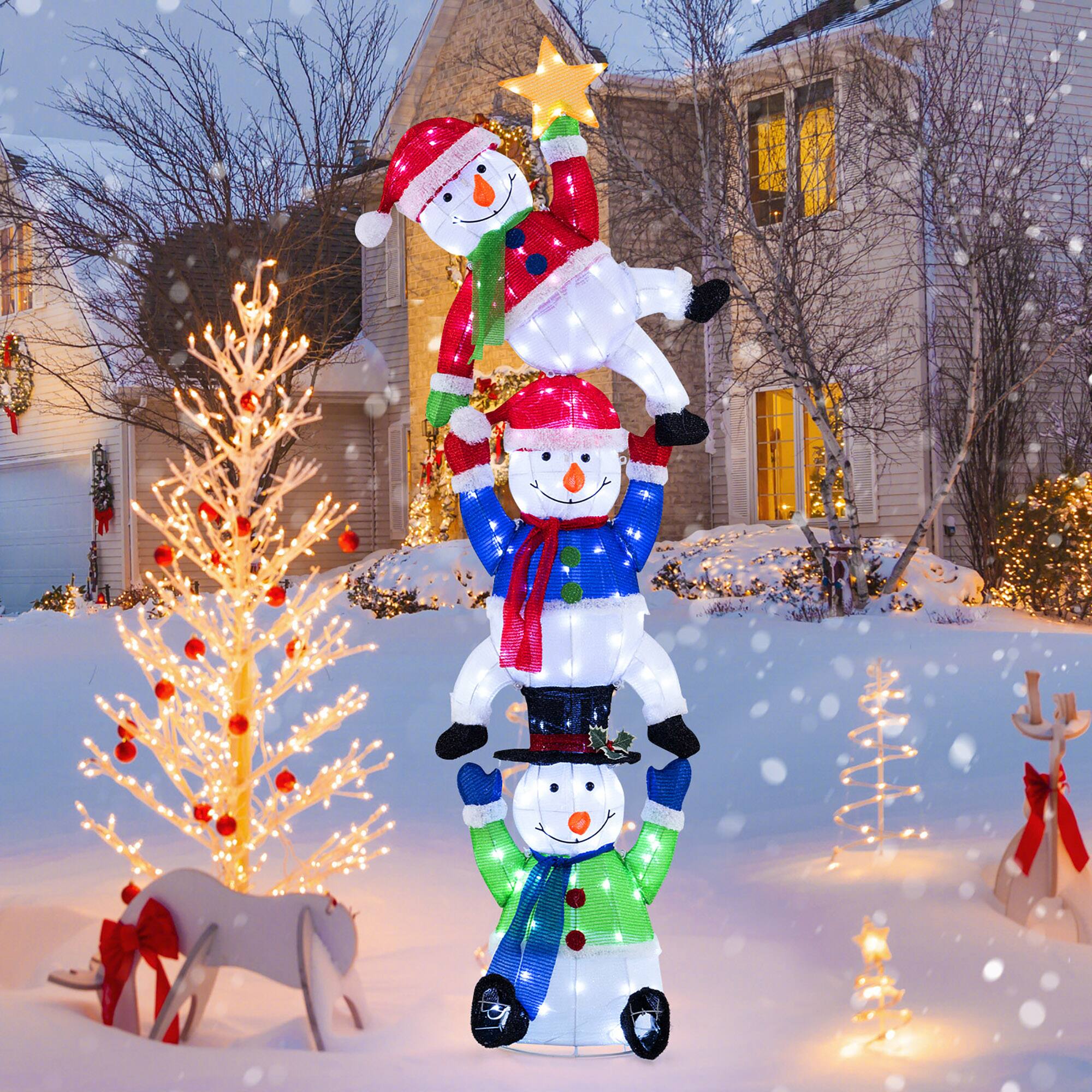 Alt View 1. Gymax - Gymax 6 ft 3D Pre-Lit Christmas Stacked Snowman w/ 155 LED Lights Zip Ties & Stakes - Multicolor.