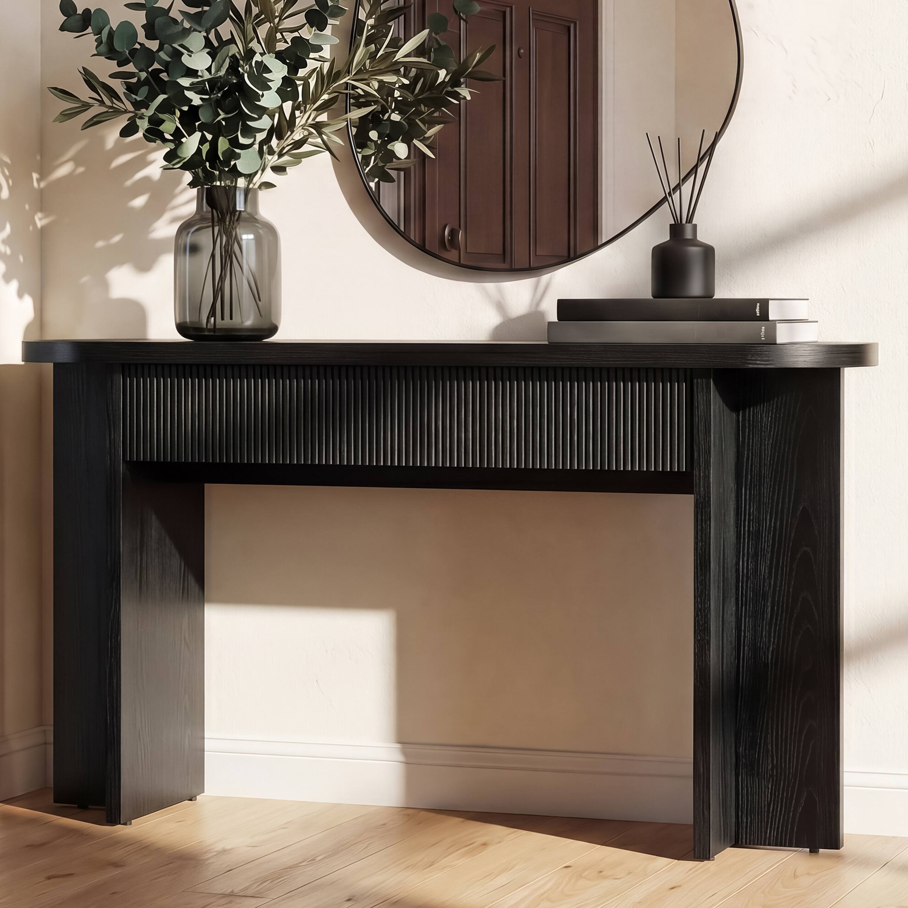 Left. Whisen - 55-Inch Console Table with 2 Drawers, Modern Fluted Entryway Table for Hallway Living Room-Black - Black.