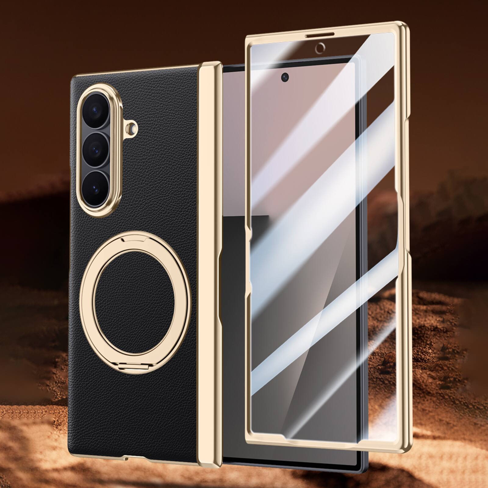 Angle. Dteck - For Samsung Galaxy Z Fold7 Luxury Plated Frame Ring Stand Magnetic Case Hinge Protection Cover+Built-in Screen Protector - Green-Privacy Screen.