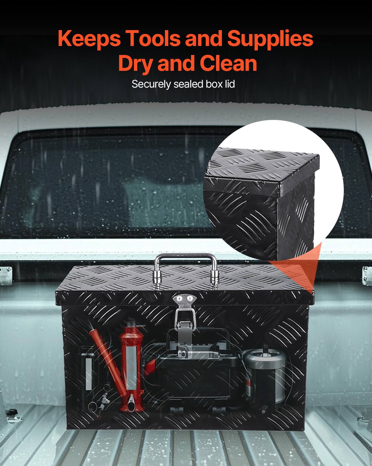 Keeps Tools and Supplies Dry and Clean  
Securely sealed box lid