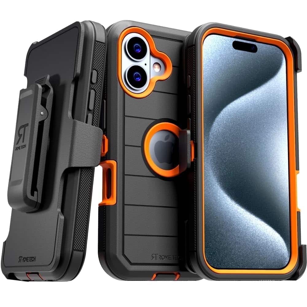 RomeTech - Defender Case for iPhone 16 Plus with Belt Clip, Kickstand, Dual-Layer - Black & Orange