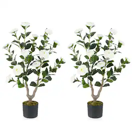 Costway - 2 PCS 36" Artificial Camellia Tree Fake Potted Tree Greenery Floral Plant Modern - White