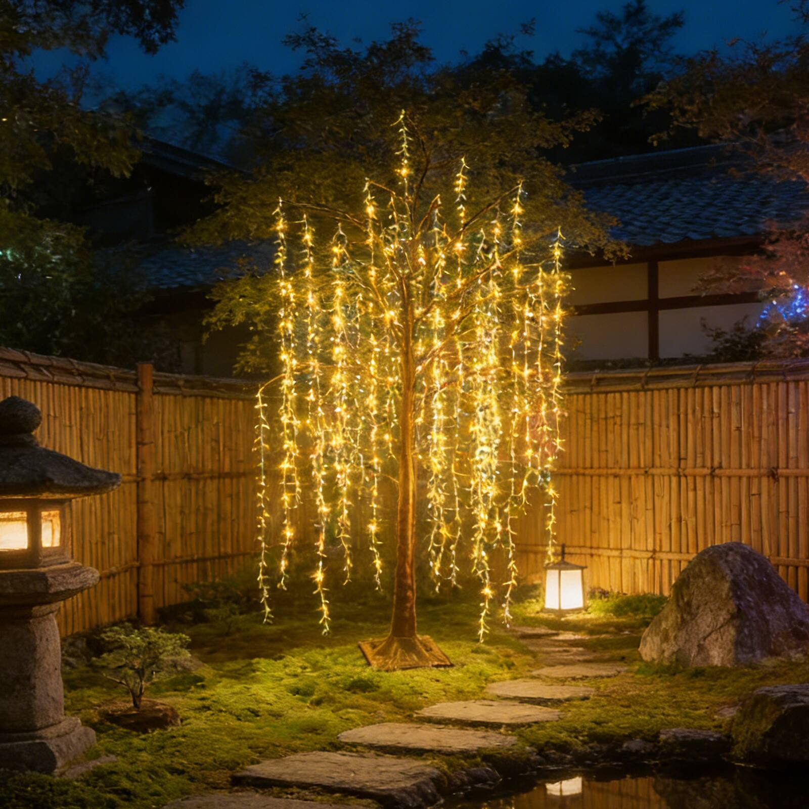 Angle. Oumilen - 6ft Solar-Powered LED Weeping Willow Tree Light - Yellow.