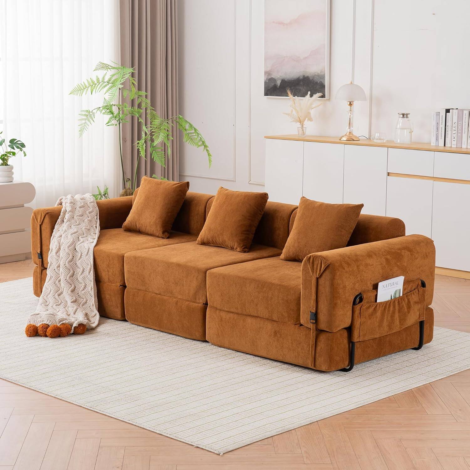 Front. AENKYO - 98.81" Modern Modular Recliner Sofa,Folding 3 Seater Couch Convertible Sleeper Bed Boneless Couches for Living Room - Orange.