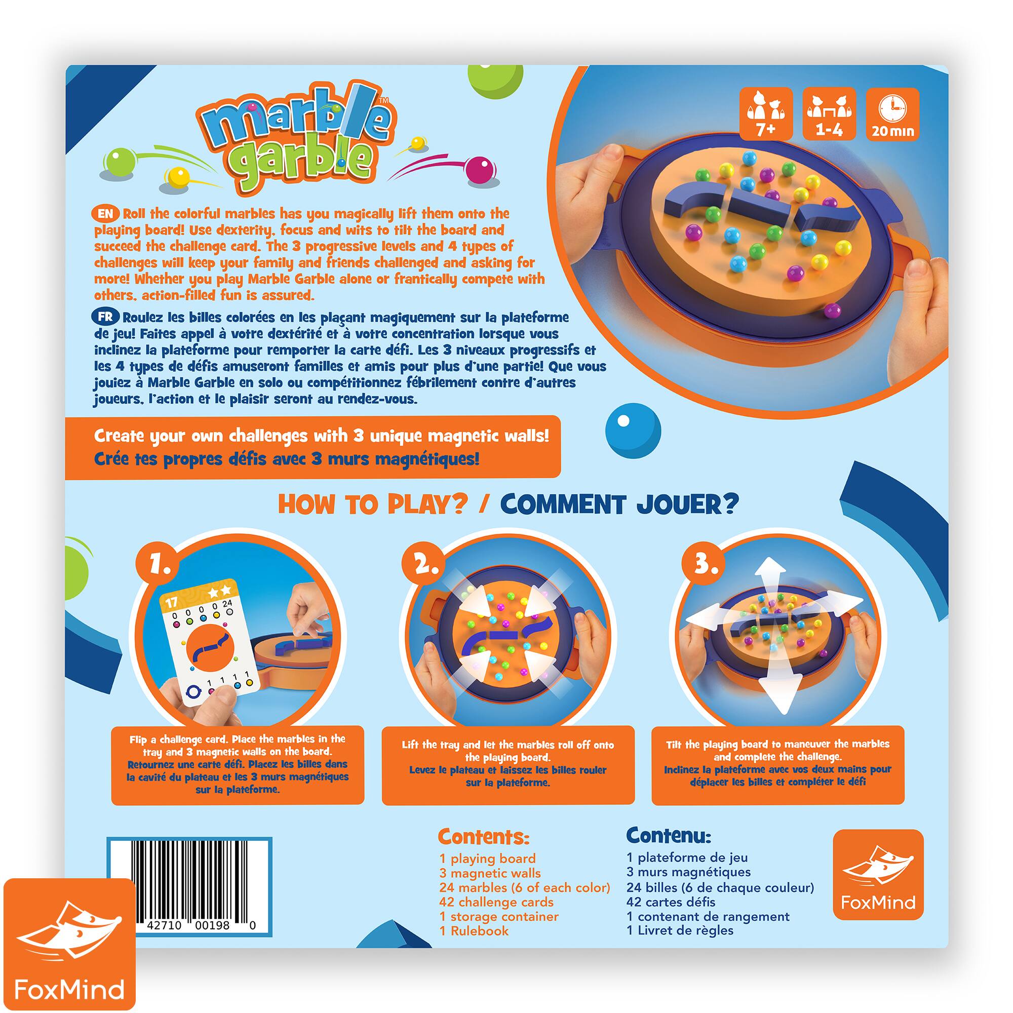 Marble Garble is a fun and engaging game that involves rolling colorful marbles onto a magnetic board. The objective is to lift the marbles onto the board using dexterity, focus, and wit. The game comes with a progressive set of challenges and types of challenges that will keep your family and friends entertained and asking for more. Whether you play Marble Garble solo or compete with others, the action-filled fun is guaranteed.

To play Marble Garble, follow these steps:

1. Roll the colorful marbles onto the magnetic board.
2. Use dexterity, focus, and wit to lift the marbles onto the board.
3. Complete the challenge card by successfully placing the marbles on the board.

The game also comes with a unique magnetic wall that allows you to create your own challenges. The magnetic wall provides a fun and interactive way to play and enjoy the game.