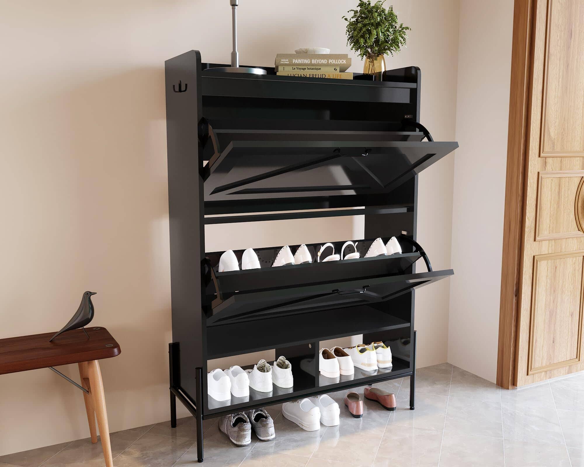 Babevy - 2-Tier Shoe Cabinet with Flip Drawers and Open Shelves, Narrow Shoe Rack with Metal Legs - Black